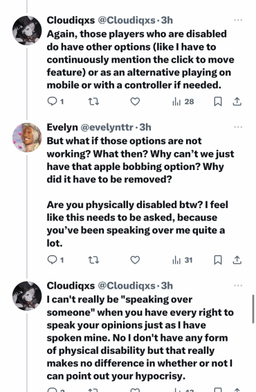 zwoztt's tweet photo. Once again, @evelynttr and all physically disabled players are being treated like they don't matter! Once again, if you don't have a physical disability that disallows you to play - why are you telling a disabled person how to feel? RH should be accessible to everyone. https://t.co/EUx8XxNVOf