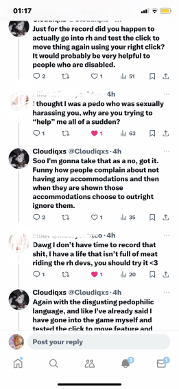zwoztt's tweet photo. Once again, @evelynttr and all physically disabled players are being treated like they don't matter! Once again, if you don't have a physical disability that disallows you to play - why are you telling a disabled person how to feel? RH should be accessible to everyone. https://t.co/EUx8XxNVOf