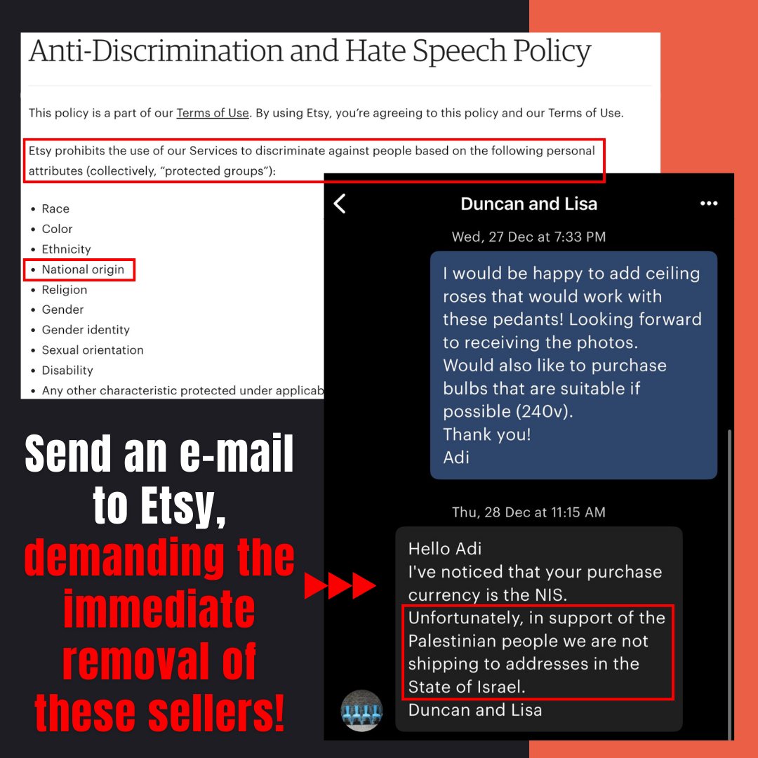 A seller on <a href="/Etsy/">Etsy</a> refused to sell their items to a customer based in Israel due to their national origin.

This action is a clear violation of Etsy's strict code of conduct.

SEND a pre-written e-mail to Etsy's leadership: bit.ly/EmailEtsy

#StandWithIsrael