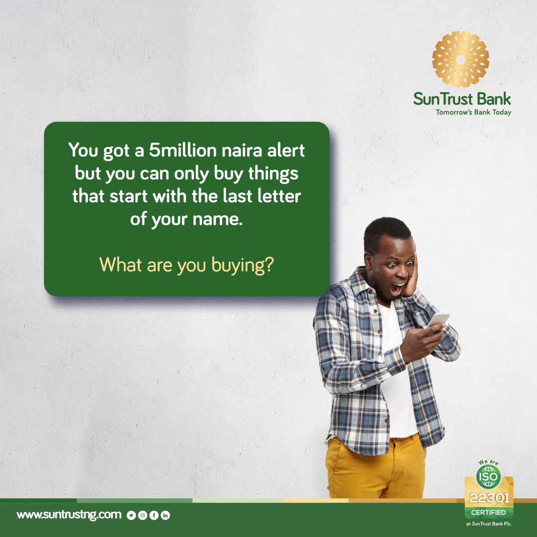 SunTrustNG's tweet photo. What items would you come up with?
.
#SunTrustCares #TrustPay #ExpandingPossibilities #Dreams #Fantasy https://t.co/c0H4nqdOxH
