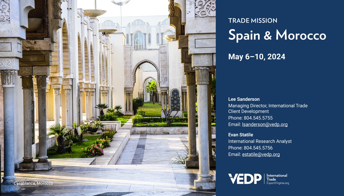 Spain offers lucrative consumer and industrial sectors. Morocco, with a population of 39M, provides a gateway to Africa. Benefit from the U.S.-Morocco FTA and explore opportunities in aerospace, agriculture, energy, and telecommunications. Join us: bit.ly/3D6udX9