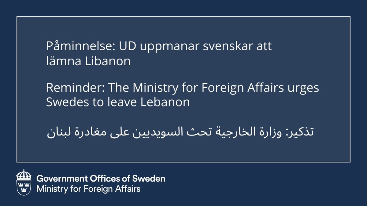 Påminnelse: UD avråder från alla resor till Libanon och uppmanar svenskar som befinner sig i Libanon att lämna landet.  Detta till följd av det ytterligare försämrade säkerhetsläget. Avrådan gäller fr o m 19 okt 2023 och tills vidare.

Håll dig uppdaterad:
swedenabroad.se/sv/om-utlandet…