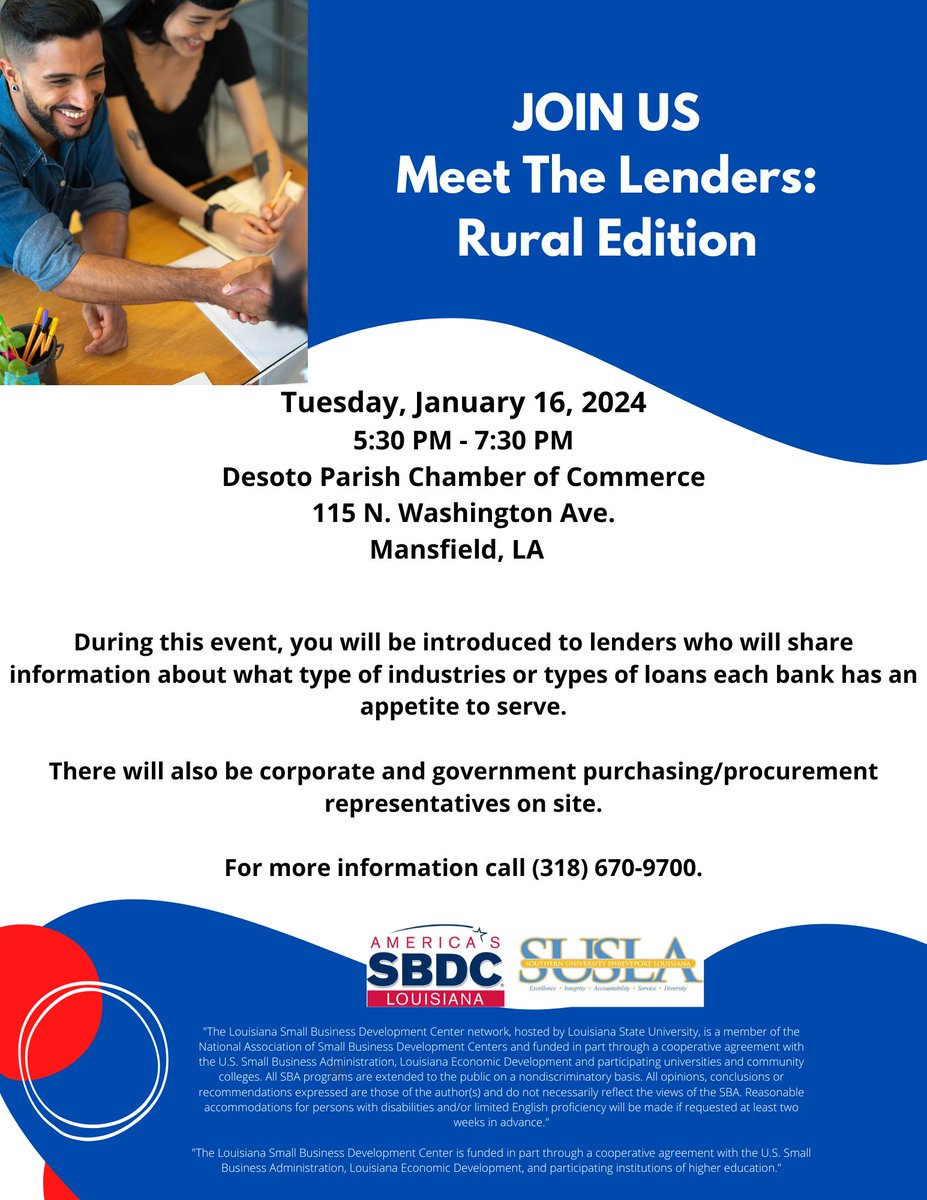 Happy New Year!  Happy New Business!  Happy New Opportunities!!
Don't miss our upcoming event!  There will be banks/lenders on hand that has an appetite to service your business.    #SUSLA #LSBDC #SBA2024
Register Here: www2.lsbdc.org/workshop.aspx?…
Please share...