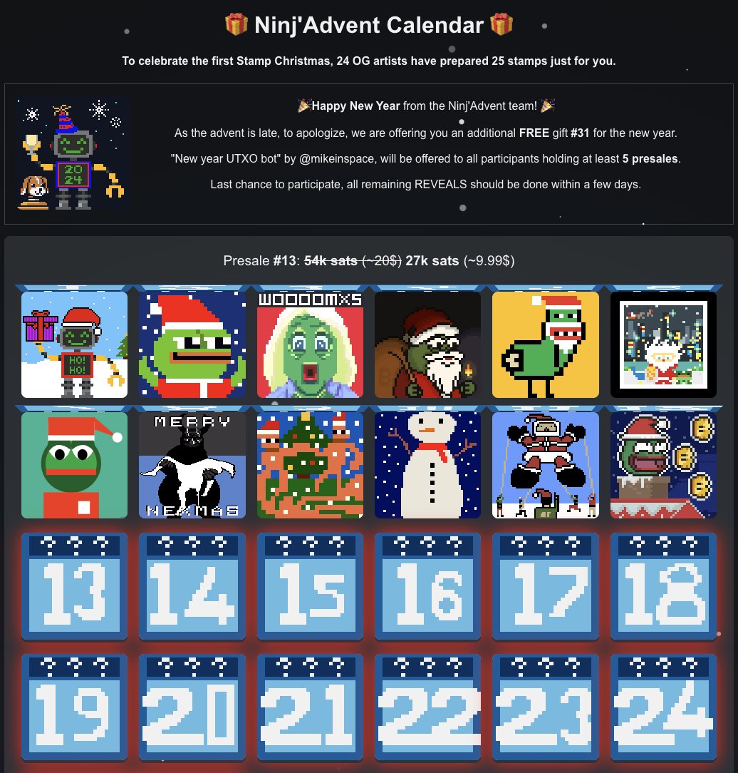 🎉Happy New Year! 🎉

As the Advent is late, to apologize, #31 is FREE!

'New year UTXO bot' by @mikeinspace, will be offered to all participants holding at least 5 presales. Can be bought at once with NinjaCart 🛒

Last chance! All presales open, remaining REVEALS in a few days