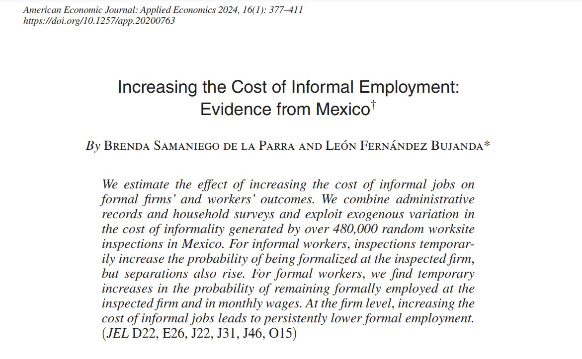 The impacts of interventions to decrease informality in the labor market are not always straightforward.  pubs.aeaweb.org/doi/pdfplus/10… Important work out of Mexico.