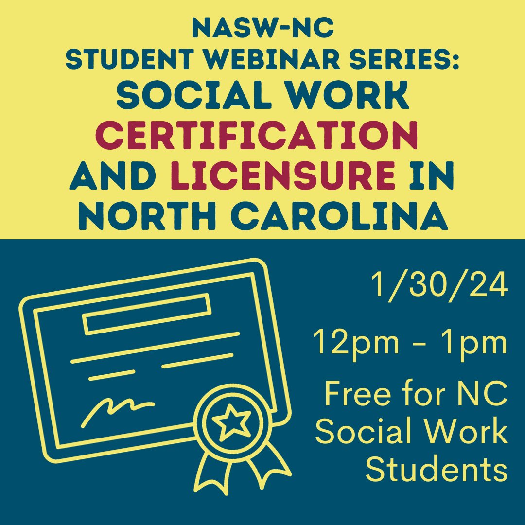 Social work students: please join NASW-NC on 1/30/24 from 12pm-1pm for the presentation: Social Work Certification and Licensure in North Carolina. Learn about social work licensure and get your questions answered! Register: naswnc.org/events/EventDe…
