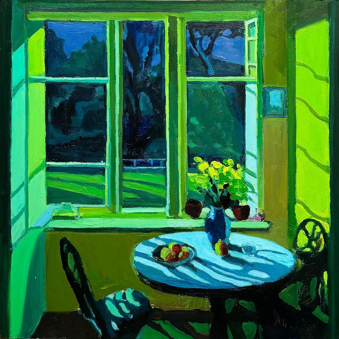 “Sunlight Through Emerald Panes”, 61X61cm, oil and acrylic on board.

#ArtForDesigners #interiorpainting #richardclaremont #PaintedTravels #ArtisticJourneys #greenpainting #GardenPainting #DailyStillLife
