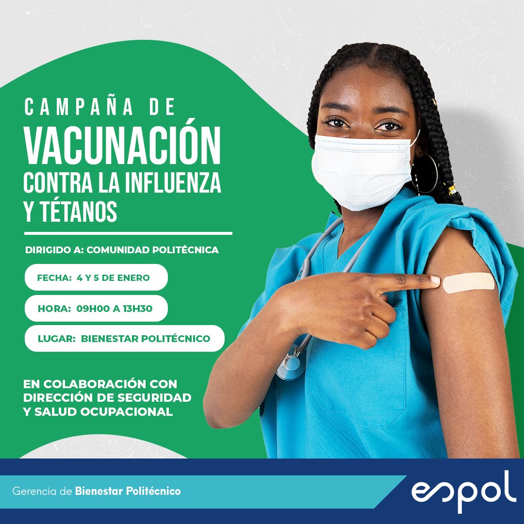 BienestarESPOL's tweet photo. Te invitamos a formar parte de la Campaña de Vacunación contra la Influenza y Tétanos, el 4 y 5 de enero de 9:00 a 13:30 en Bienestar Politécnico. Cuida tu salud y la de los demás al prevenir la propagación de la gripe.
#ODS03 #Vacunación #Influenza #Tétanos https://t.co/GCdvqNFaf2
