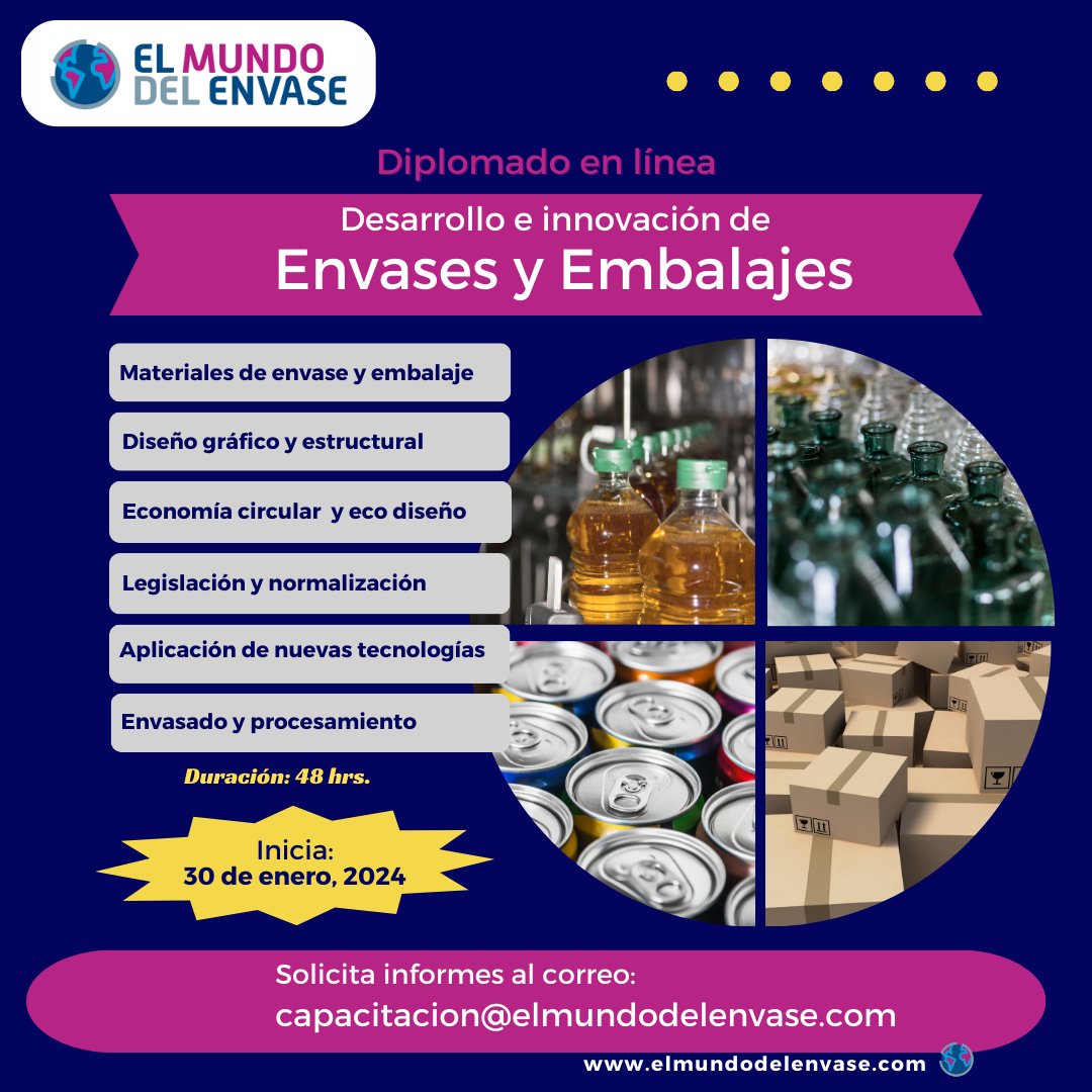 El Mundo del Envase te invita a cursar el Diplomado en línea: "Desarrollo e Innovación de Envases y Embalajes"

Iniciamos: 30 de enero 2024
Reserva tu lugar hoy mismo y aprovecha el descuento por pago anticipado!!!
Solicita informes al correo:
capacitacion@elmundodelenvase.com