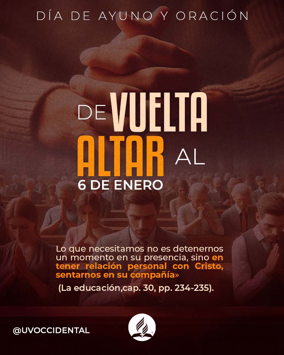 uvoccidental's tweet photo. Se acerca el primer sábado del 2024, ¿y qué mejor manera de comenzar el año, que buscando la guía y dirección del Señor?

Es por ese motivo que la Unión Venezolana Occidental hace un llamado a todo el pueblo Adventista del Séptimo Día en su territorio a venir "De Vuelta al Altar" https://t.co/T34MLZ1lld