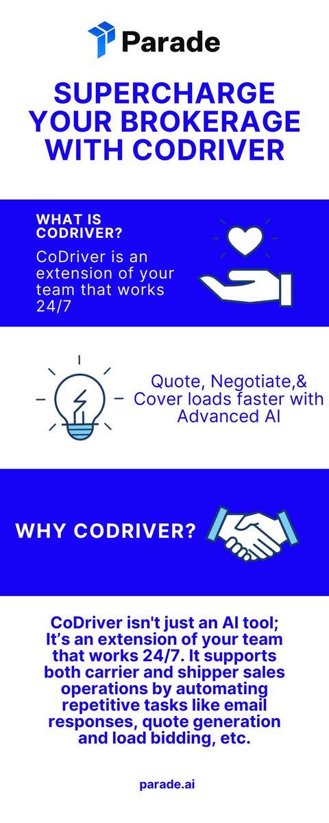 🎇 Happy New Year from the Parade team!

📢 In 2024, we want to ensure brokerages are properly equipped to manage and operate MOST efficiently.

📢 Here is why you need Parade's #CoDriver. #ComingSoon

⭐ For more: lnkd.in/gi-7KuhG

#NewYear #2024 #CoDriver #AI #Brokers