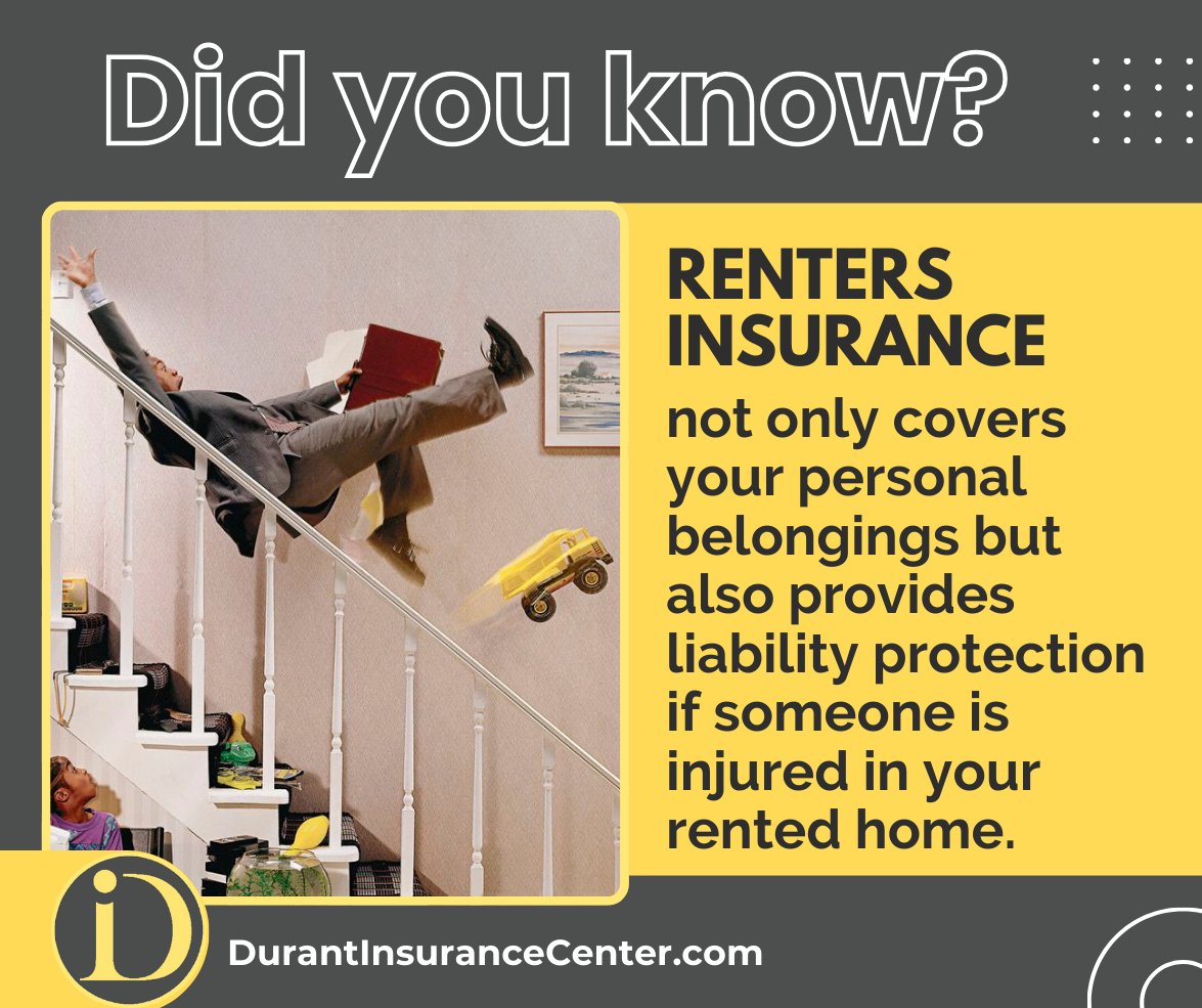 Here's something you might not be aware of: renters insurance not only covers your stuff, it also safeguards you from potential liability lawsuits. Stay protected and worry-free with renters insurance - you never know what could happen. DurantInsuranceCenter.com #RentersInsurance