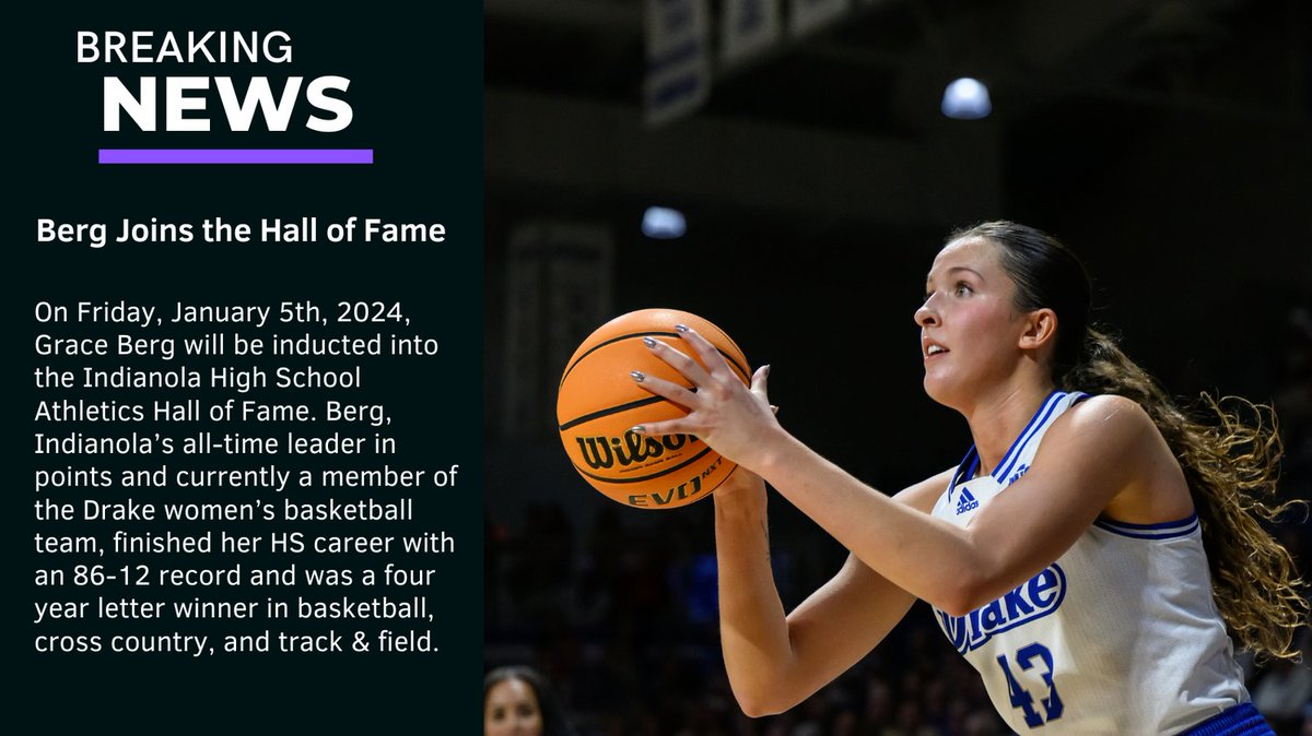 We are thrilled to announce that <a href="/graceberg43/">Grace Berg</a> will be inducted into the IHS Athletics Hall of Fame this Friday after the 6:15 pm Varsity Girls' game! Please help spread the word as we honor the greatest Indianola girls' basketball player of all time! <a href="/DrakeWBB/">Drake Women's Hoops</a> <a href="/ihsindians/">Indianola Activities</a>