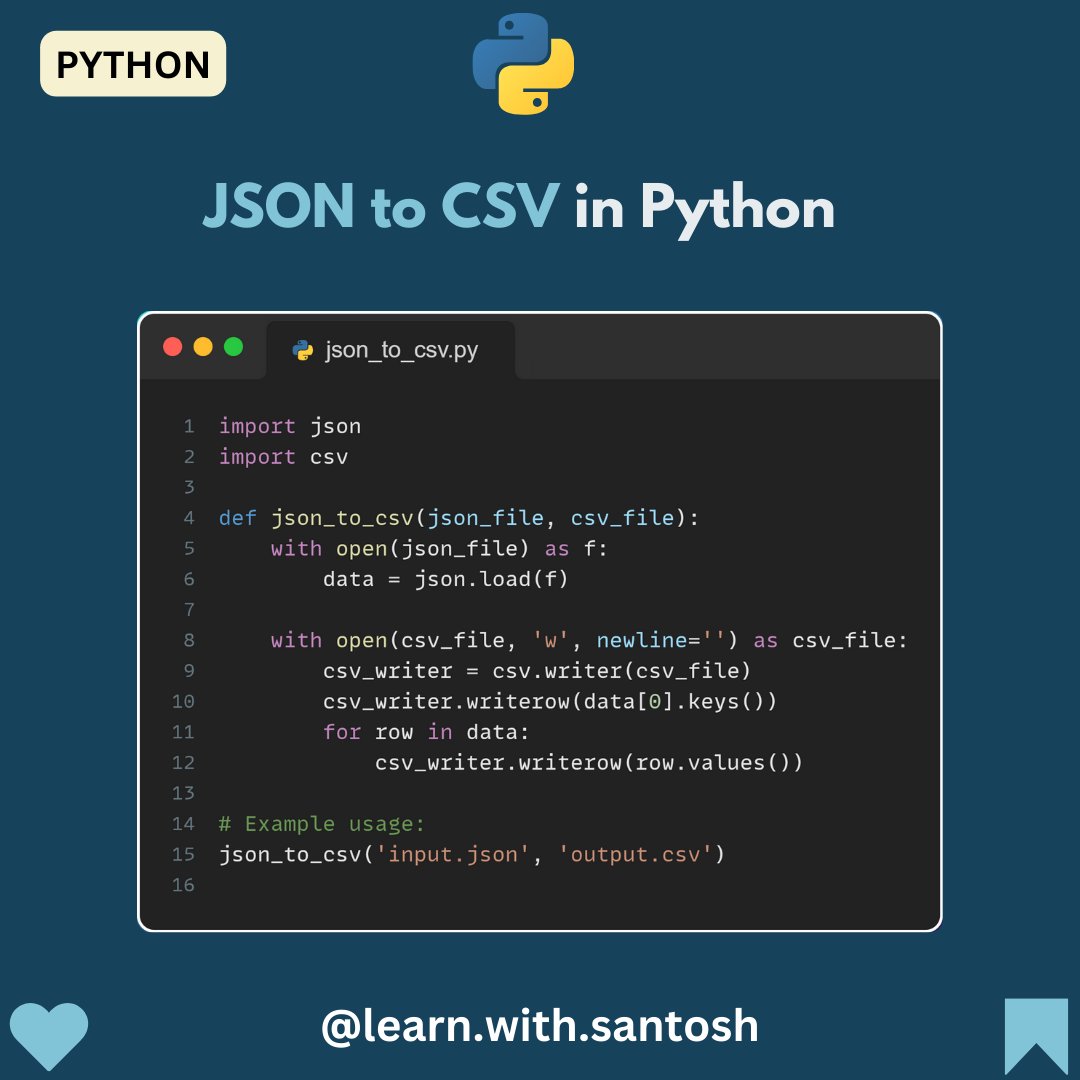 learn_with_san's tweet image. Python program to convert JSON file to CSV
#pythonprogramming #Python #pythoncodesnippets #learnwithsantosh