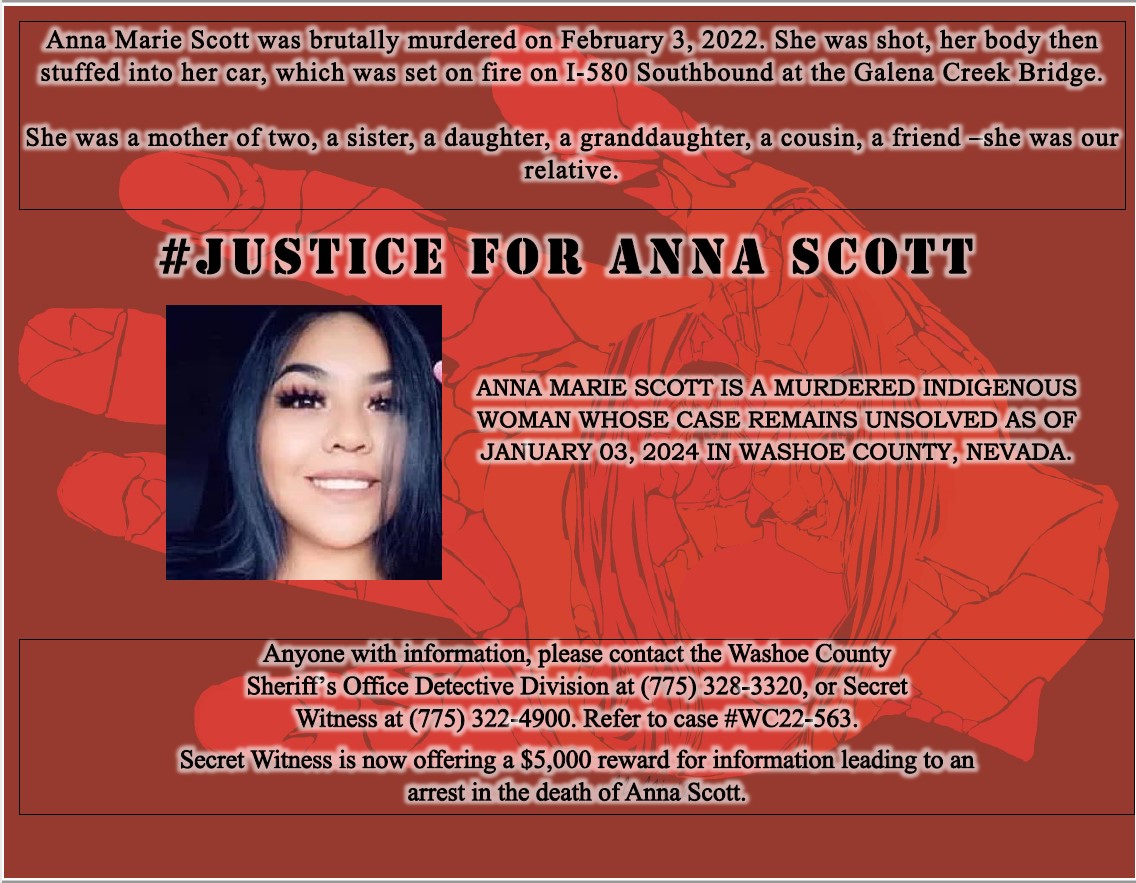 plpt's tweet photo. #justiceforannamariescott #MMIW
Anna Scott's murderers continue to remain free as of January 3, 2024.
Anyone with information should contact the WCSO Detective Division at (775) 328-3320 or Secret Witness at (775) 322-4900. Refer to case # WC22-563. #plpt https://t.co/Wif6H9W6qh