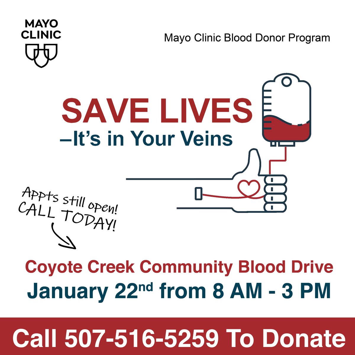 Blood Donor Program - Mayo Clinic - We need your help The Mayo Clinic  Blood Donor Center has an immediate need for O Positive blood. Will you  please pass along this urgent