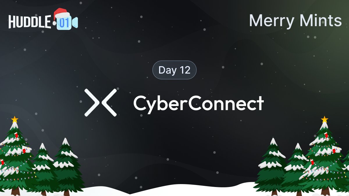 huddle01com's tweet photo. π¨ Only 2 days to go π¨
Day 12 Quest powered by @CyberConnectHQ is now live on the #MerryMints π Holiday Calendar. Take part and earn a CyberConnect Stamp on your Holiday Card NFT βοΈ
π Create your own @thecyberwallet - the ERC-4337-compatible web3 smart account powered by CyberConnect and get started: https://t.co/TPQmlRduXw