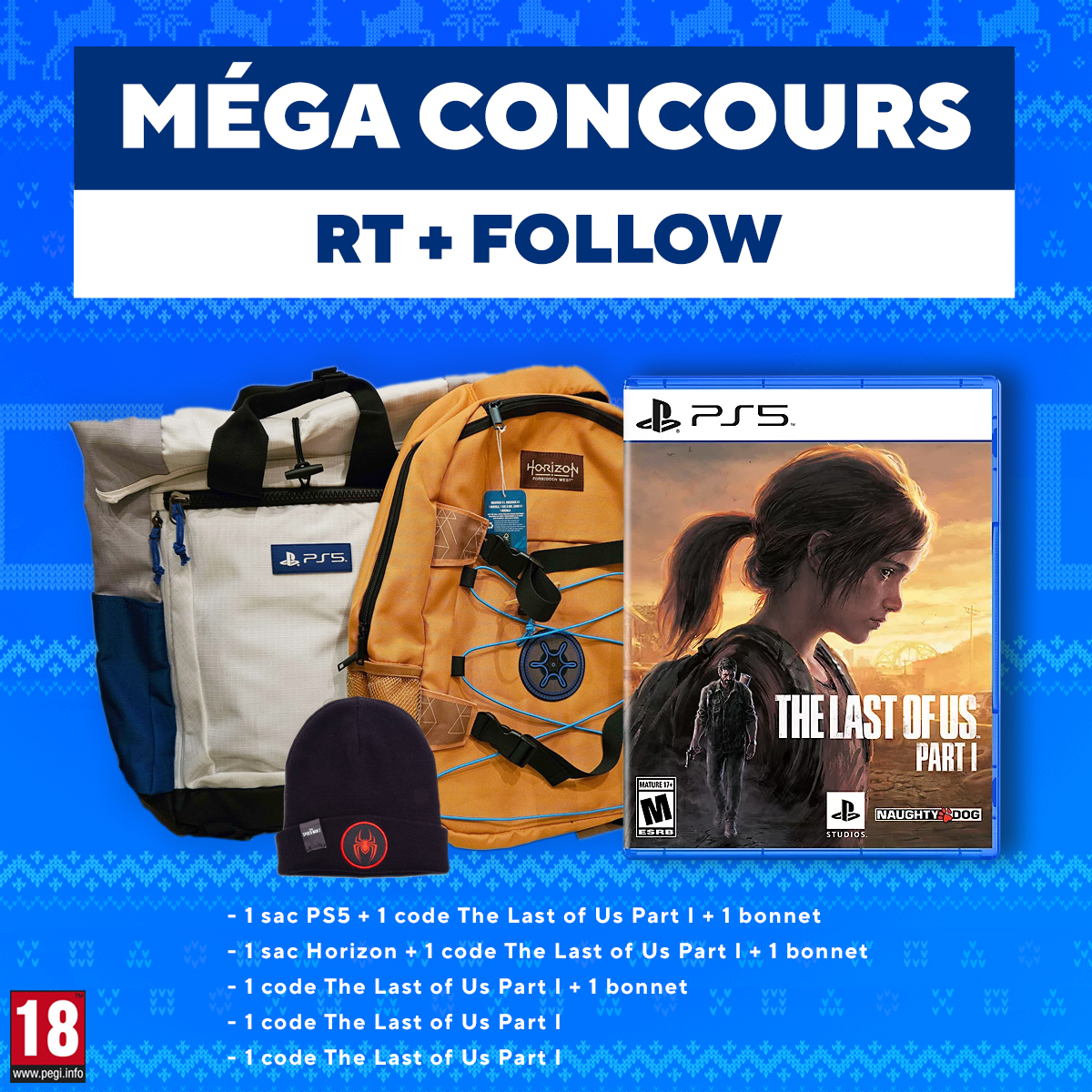 🎁 #Concours 🎁

<a href="/PlayStationFR/">PlayStation France</a> vous gâte et vous fait gagner de supers lots pour bien commencer l'année. 🔥

Pour participer :
➡ RT + Follow <a href="/Gameblog/">Gameblog Jeux Vidéo</a> et <a href="/PlayStationFR/">PlayStation France</a> 
➡ Dis-nous en commentaire quel cadeau tu aimerais gagner, plutôt le lot Lot 1 (sac PS5 + jeu+ bonnet) ou le