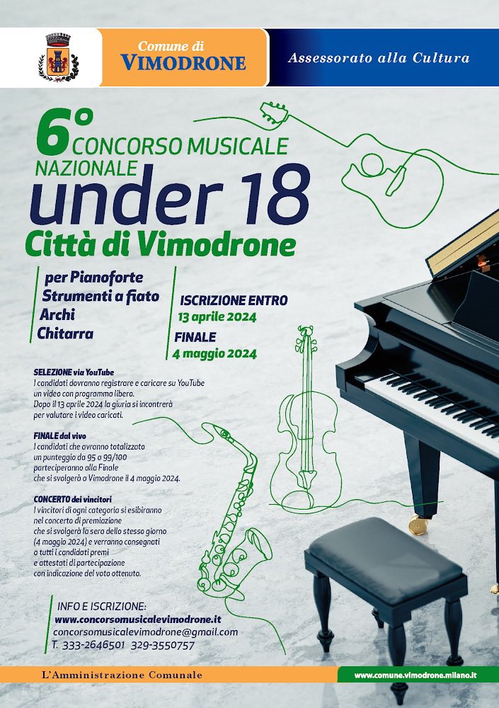 concorsovimo's tweet photo. Buoni propositi per il 2024? 
Partecipare alla sesta edizione del “Città di Vimodrone” 💫🎵💫

✔️studia…
✔️registra un video e caricalo su YouTube 
✔️Iscriviti entro il 13 aprile 2024
✔️incrocia le dita 🤞 potresti essere fra i vincitori che suoneranno alla Finalissima! https://t.co/kh01QctgYV