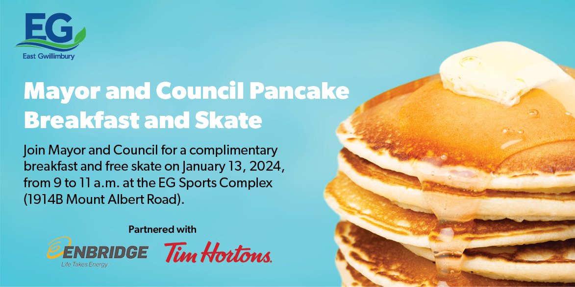 townofeg's tweet image. Join the Mayor and Council Pancake Breakfast and Skate on January 13 from 9 to 11 a.m. at the #EG Sports Complex for complimentary pancakes and coffee 🥞 ☕⛸️ 

Thank you to our sponsors:
@enbridgegas 
Tim Hortons