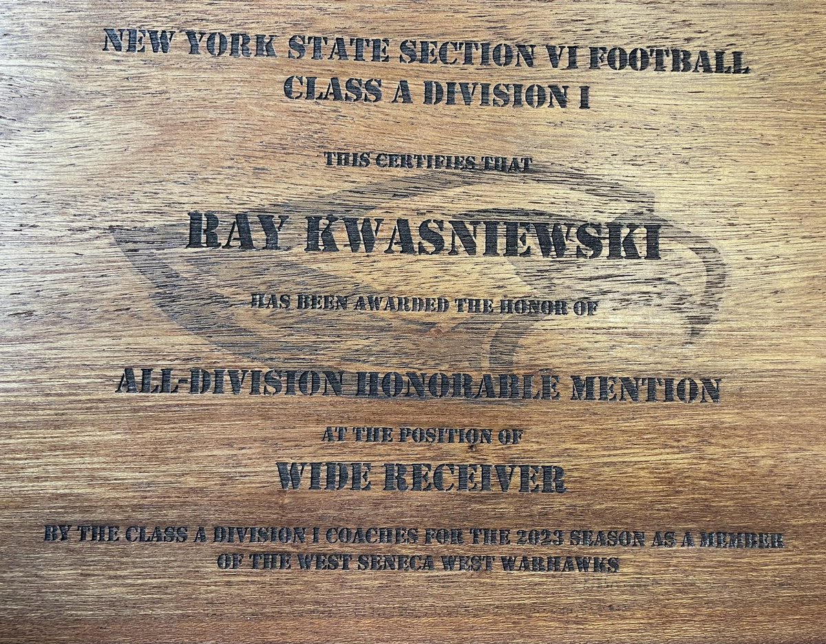 My senior season didn’t go how expected due to injury. With only being able to play in 3 games this season I am extremely honored to have received the NYS Section VI Football Class A Division 1 honorable mention at the Wide Receiver Position