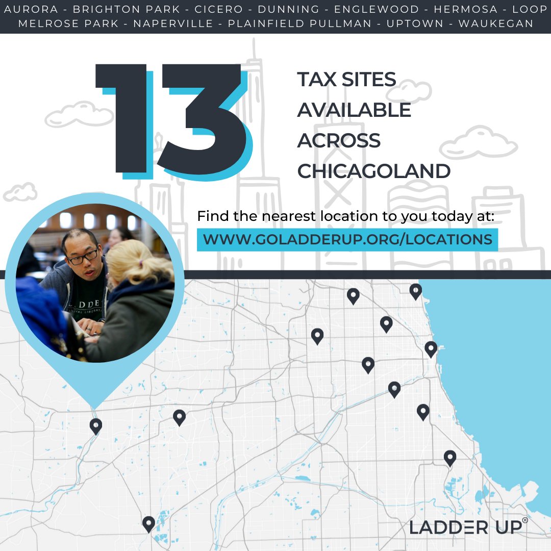 LadderUp's tweet image. We’re adding 2 new locations this tax season! With 7 sites in the city and 6 in the suburbs, we can’t wait to help you get your tax refund. 

Check out our website to find the nearest location to you: goladderup.org/locations

#chicagosuburbs #goladderup #chicagononprofit #taxes
