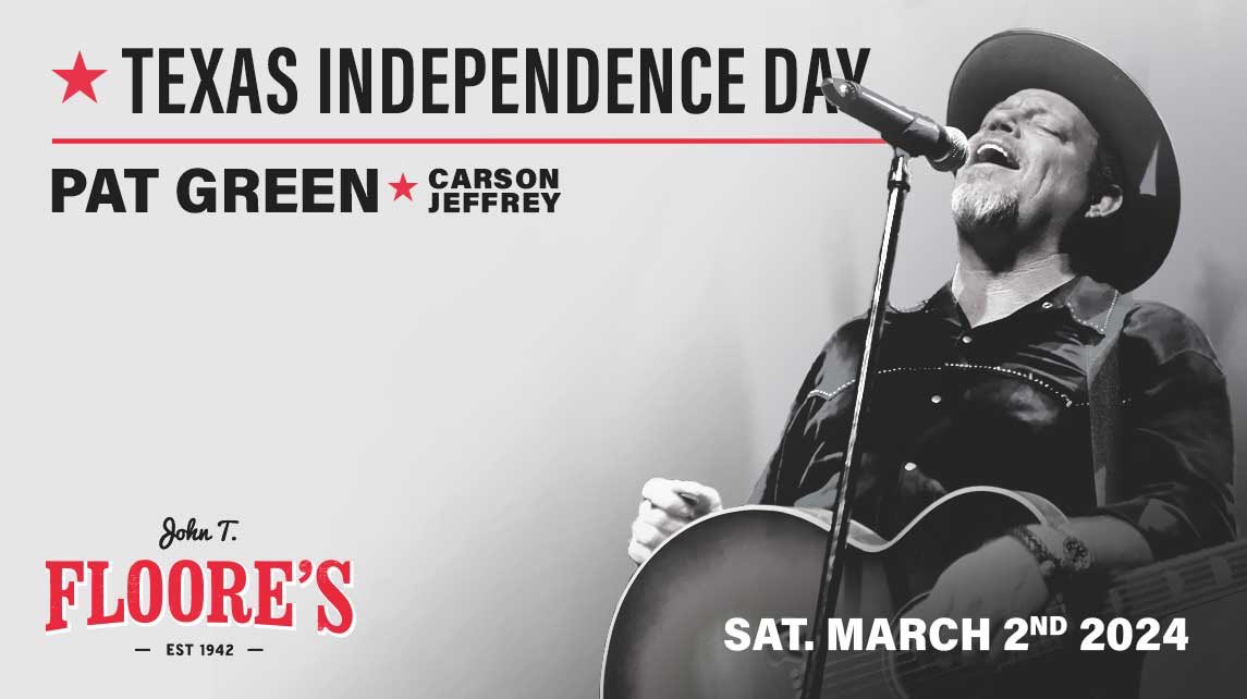John T. Floore's (@floores) on Twitter photo Concert Announcement! Saturday, March 2nd! Come celebrate Texas Independence Day with <a href="/PATGREENMUSIC/">Pat Green</a> and special guest <a href="/carson__jeffrey/">Carson Jeffrey</a> at <a href="/Floores/">John T. Floore's</a> ! Be ready. Tickets go on sale Friday at 10am here: bit.ly/3NQaFfl Concert Announcement! Saturday, March 2nd! Come celebrate Texas Independence Day with <a href="/PATGREENMUSIC/">Pat Green</a> and special guest <a href="/carson__jeffrey/">Carson Jeffrey</a> at <a href="/Floores/">John T. Floore's</a> ! Be ready. Tickets go on sale Friday at 10am here: bit.ly/3NQaFfl