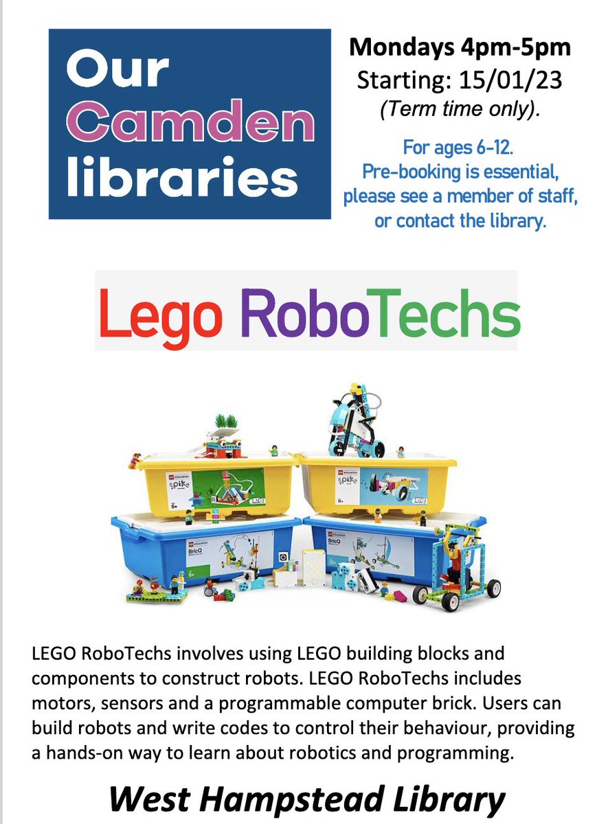 shazknit's tweet photo. 🤖Love Lego?
🤖Love Robots?
🤖Love your local Library?
🤖Love this fantastic FREE activity for 6-12 year olds at #WestHampstead #Library.
🤖 Mondays (termtime) | 4-5pm | 🤖🤖🤖🤖
#LoveLibraries #CamdenLibraries @FoWHLNW6 https://t.co/buhKSBN7TN