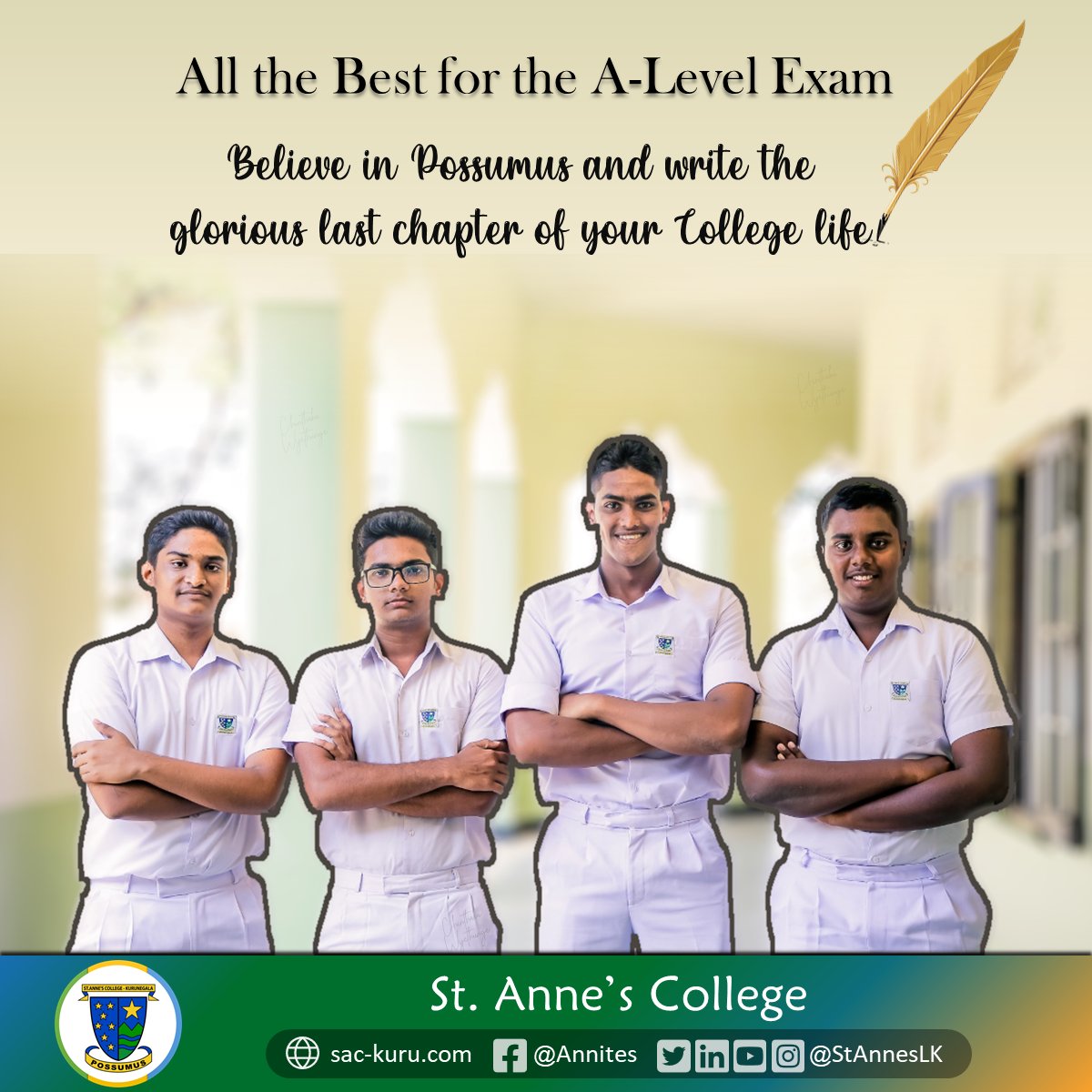 StAnnesLK's tweet photo. Believe in Possumus, and trust in your ability to achieve the ultimate prize of your College life. Wishing you all the best for the GCE Advanced Level Examination. You've got this, boys! Approach it with a smile and conviction.
#ALevel #StAnnesLK #Annites https://t.co/zlvN5iP4Zp