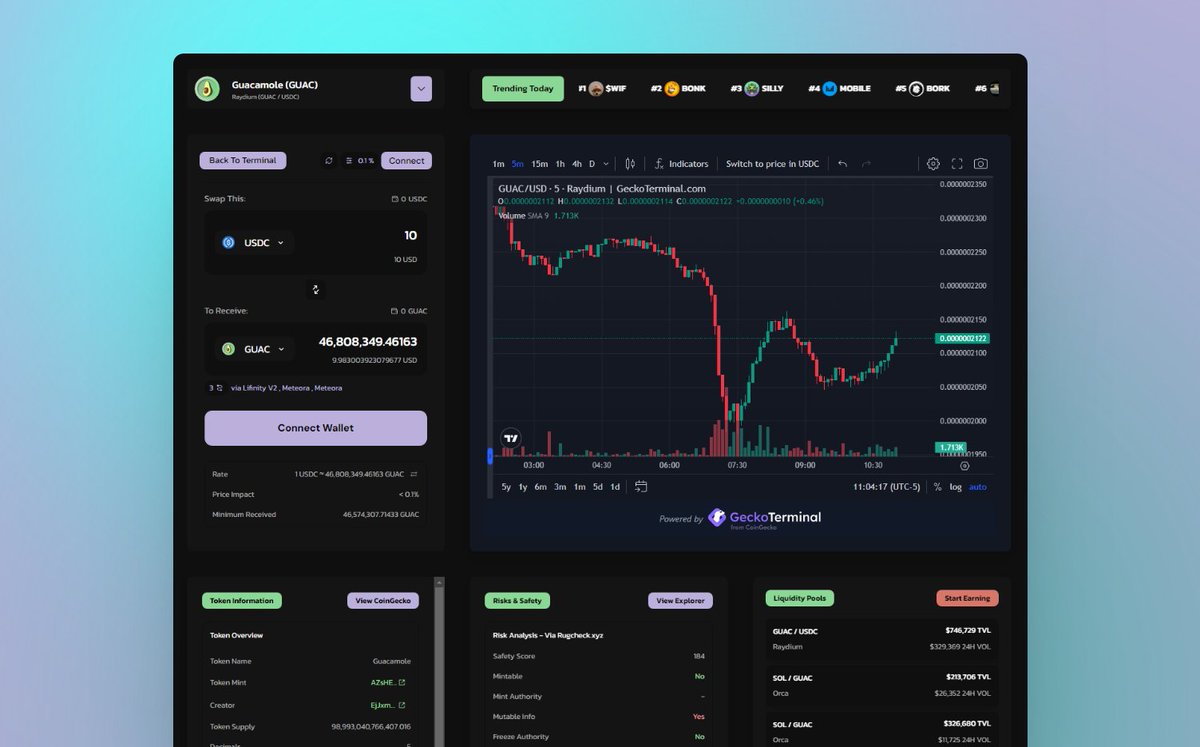 guac_gg's tweet photo. New $GUAC terminal updates are here! 👀

- Faster load times across all screens
- @Rugcheckxyz info for each token
- Improved trending token tracking

Give it a try, or use our search bar to look up any token!

https://t.co/qFLtSa0I4s https://t.co/YJY7MANACT
