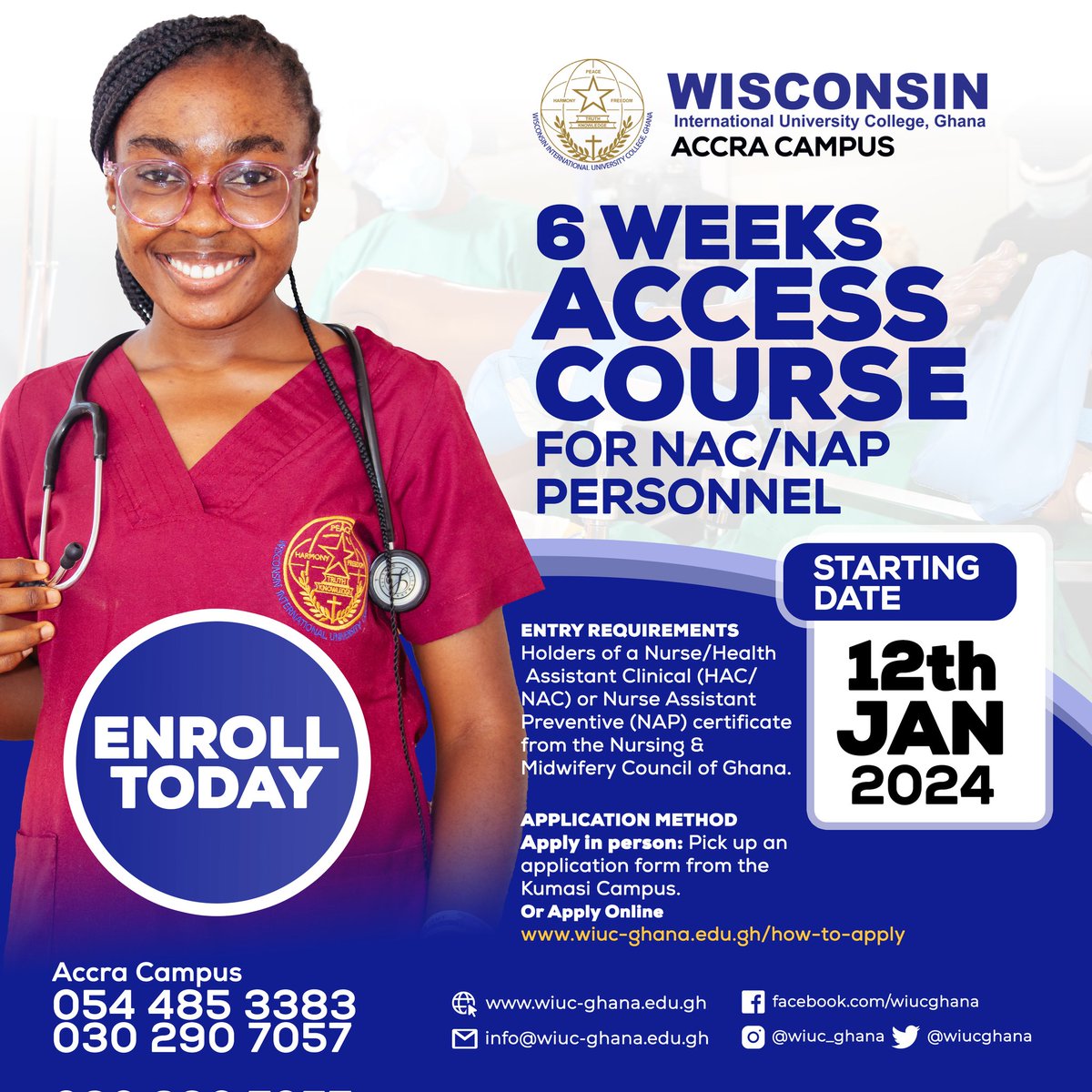 WIUCGHANA's tweet photo. ACCESS COURSE - ACCRA CAMPUS

Apply today to our 6-week Access Programme to enroll in our BSc Nursing, Midwifery, or Public Health Nursing.

Visit https://t.co/0ASufO8Wz3 to apply today.

#wisconsin #wiucghana #nursing #midwifery #publichealth #access #accessprogramme #health https://t.co/HWFRTDJMdC