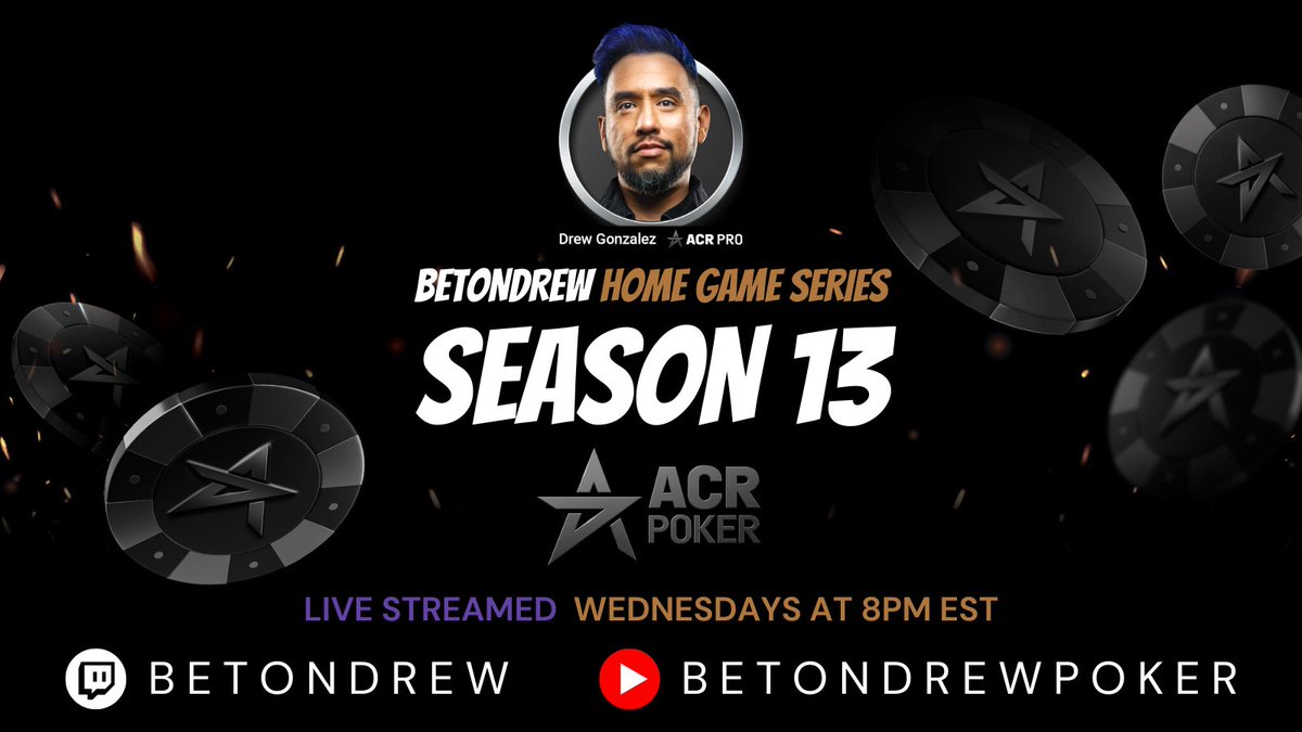 BetOnDrew's tweet photo. I'm back!

Stream LIVE tonight by 730pm EST.

🪑Seat giveaways to early birds on stream
👍Like,♻️RT,🗣️drop ACR name
& I'll giveaway 5 x $5.50 seats here

⚔️Season 13 of my home game series on @ACR_POKER continues!
🏆Trophy to Season winner
🎟️Tickets for top finishers

Leaderboard: https://t.co/A9WHCQNLQI