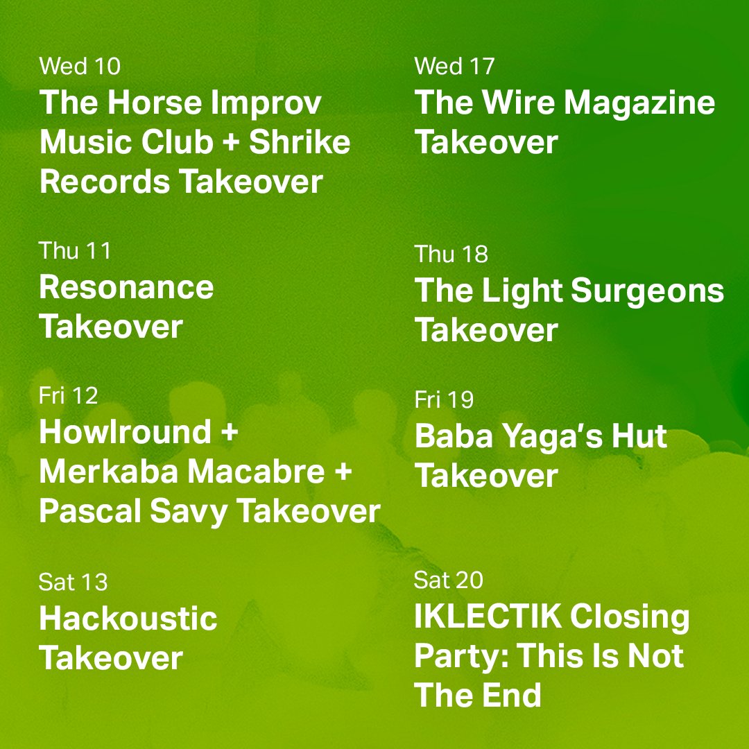 IKLECTIK (@iklectikartlab) on Twitter photo This month we've organised a series of closing parties, each being a takeover of IKLECTIK by a different organiser with a unique lineup. Happy to be working with <a href="/HorseImprovClub/">Horse Improv Club</a>, Shrike Records, <a href="/ResonanceFM/">Resonance FM</a>, <a href="/psychetropes/">psyché tropes</a>, <a href="/hackoustic/">Hackoustic</a>, <a href="/thewiremagazine/">The Wire Magazine</a>, <a href="/Lightsurgeons/">The Light Surgeons</a> & <a href="/byhut/">Baba Yaga's Hut</a>! This month we've organised a series of closing parties, each being a takeover of IKLECTIK by a different organiser with a unique lineup. Happy to be working with <a href="/HorseImprovClub/">Horse Improv Club</a>, Shrike Records, <a href="/ResonanceFM/">Resonance FM</a>, <a href="/psychetropes/">psyché tropes</a>, <a href="/hackoustic/">Hackoustic</a>, <a href="/thewiremagazine/">The Wire Magazine</a>, <a href="/Lightsurgeons/">The Light Surgeons</a> & <a href="/byhut/">Baba Yaga's Hut</a>!