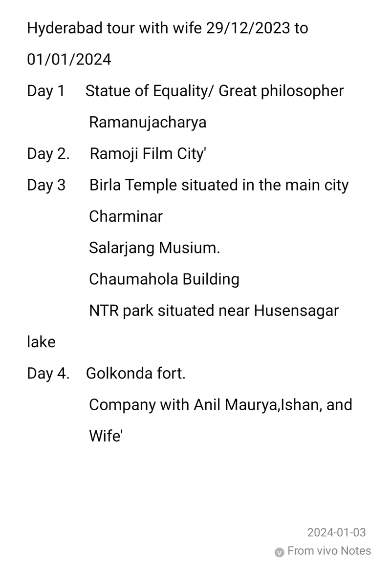 Hyderabad tour with wife 29/12/2023 to 01/01/2024