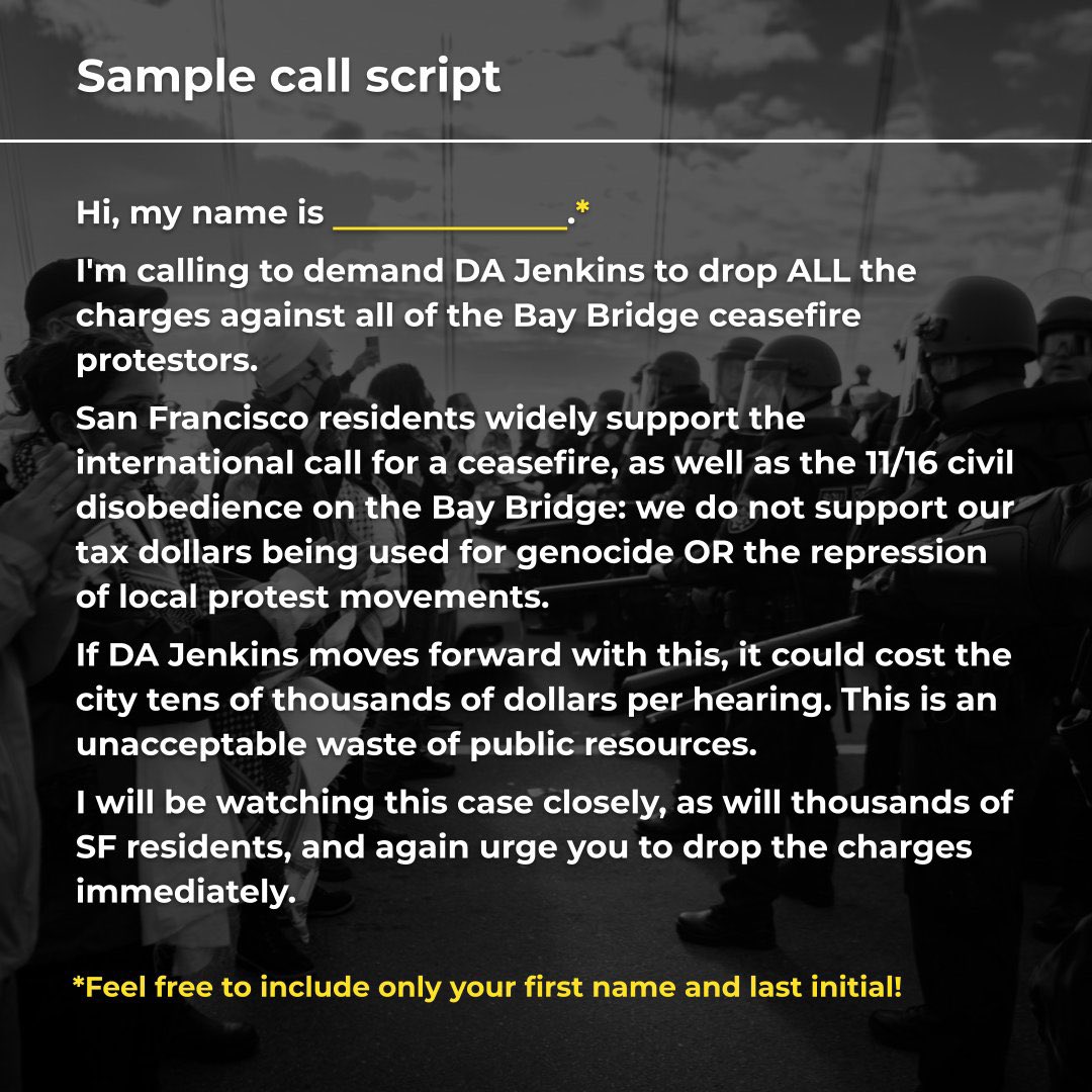 It’s a new year and SF DA Jenkins is still prosecuting me and 77 other for protesting against a genocide. Please make a call and email and demand DA Jenkins drops our charges! #BayBridge78