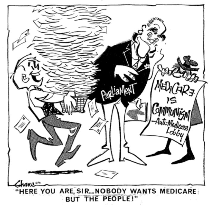 The Medical Care Act is introduced to Canadian Parliament in July 1966. Cartoon by George Shane, 1966.
