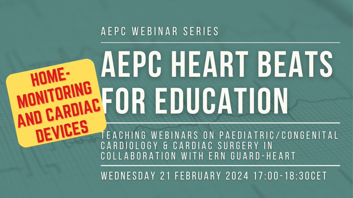 ❤️AEPC Heart beats for education❤️ Learn about the importance of ‍ 🫀 Home-monitoring and cardiac devices 📆 Wed 21 Feb 17:00-18:30CET ➡ Register now: bit.ly/3OFXBse #AEPCcongenital #congenitalcardiology #YoungAEPC #homemonitoring @ERNGuardHeart