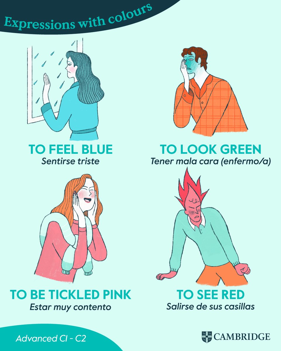 Al igual que en español, en inglés también se utilizan muchas expresiones con colores.🌈 Puedes empezar utilizando estas.

📗Lección extraída del libro English Vocabulary in Use Advanced.

#Cambridge #Englishvocabulary #Vocabulary #EnglishvocabularyCambridge #ImagenCambridgeSpain