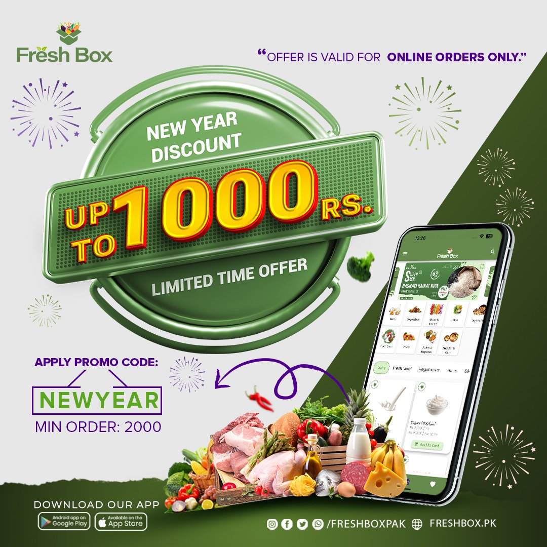 freshboxpak's tweet photo. 🎉 New Year, New Savings! Enjoy up to Rs. 1000 off with promo code: NEWYEAR 🎁 Valid for online orders only. Order now from FreshBox and start the year with a delightful deal! 🛍️✨ #newyearoffer #Islamabad #BreakingNews https://t.co/VZtSvJTPbi