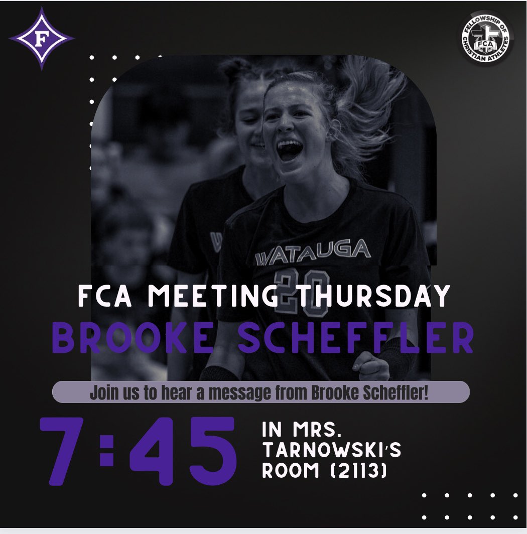 MEETING TOMORROW AND CHICK-FIL-A WILL BE PROVIDED!! Tomorrow’s speaker is Brooke Scheffler! She graduated from Watauga last spring and now plays volleyball at Furman University.