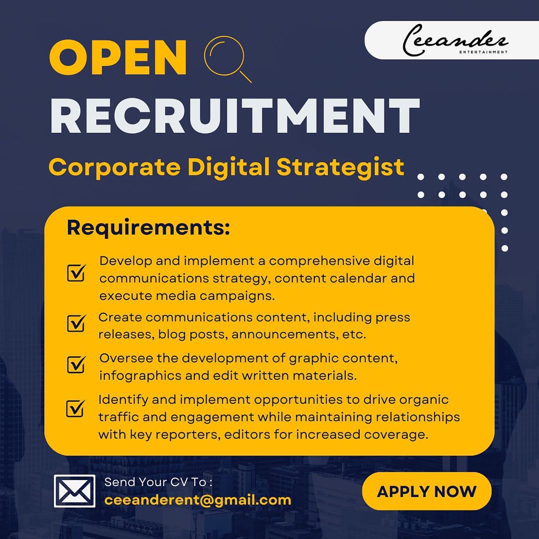 Ceeander_ENT's tweet photo. Hot job alert! 🚀👩‍💻 

Seeking a savvy Corporate Digital Strategist to join our team ASAP. Laptop required. Let’s innovate together! https://t.co/pIXdk0TNio