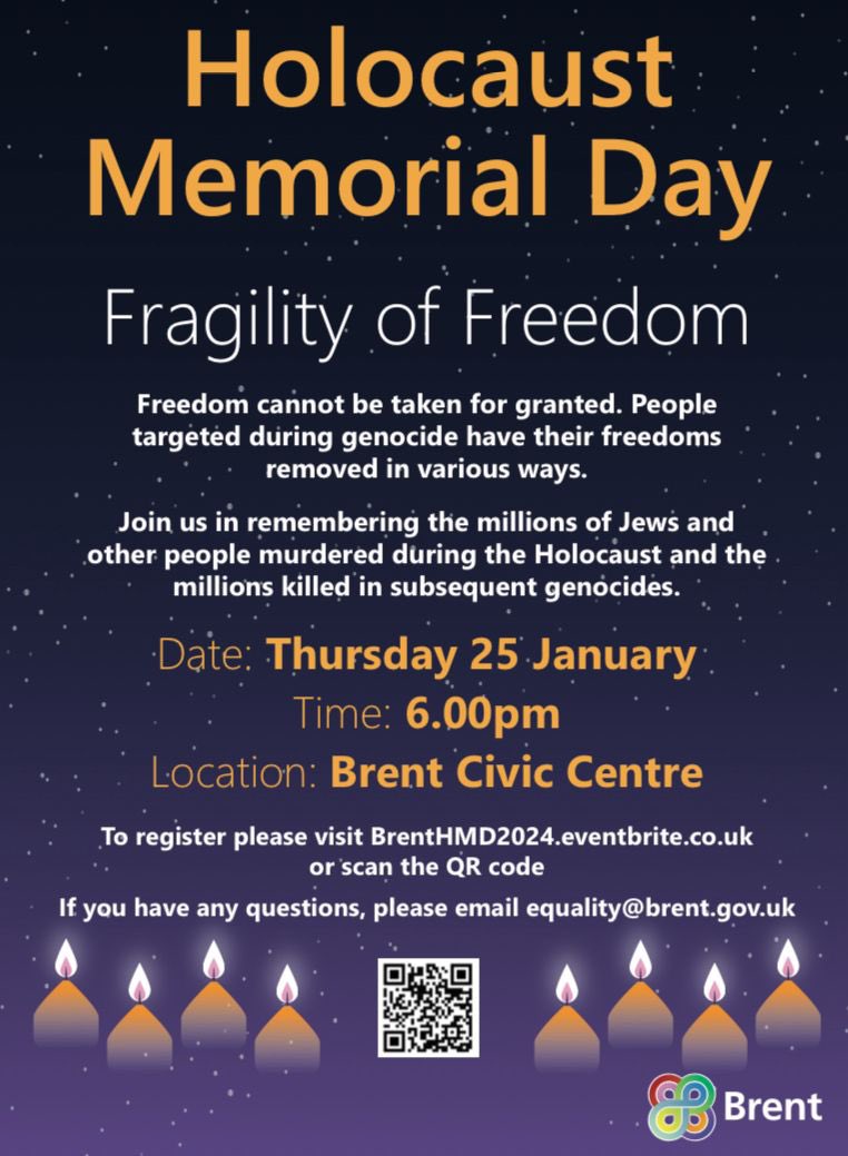 Brent will mark #HolocaustMemorialDay at the <a href="/Brent_Council/">Brent Council</a> Civic Centre at 6pm on 25 January. 

Please register to attend.