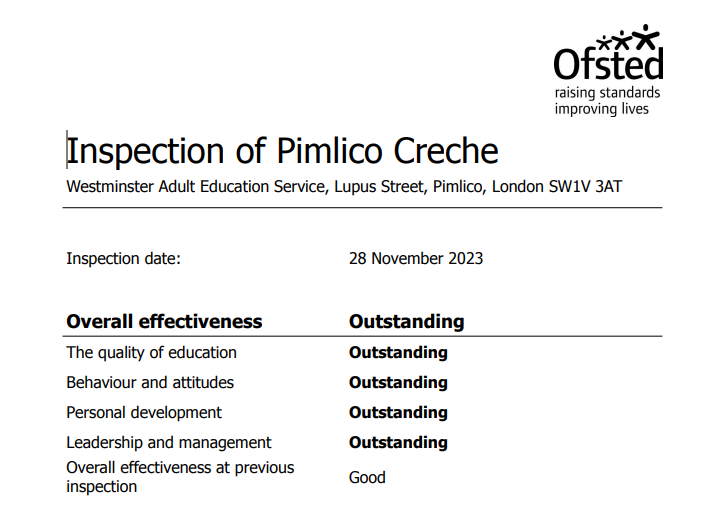 I am absolutely delighted to share the outcome of the recent Ofsted Inspection of our Pimlico Nursery, supporting our adult learners <a href="/WAESonline/">Westminster Adult Education Service</a> Well done to our Early Years Manager and Practitioners! 
📷