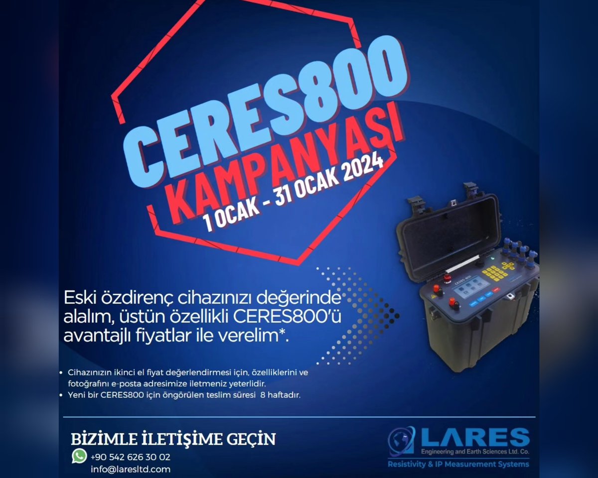 Üstün özellikleri ve avantajlı fiyatları ile size uygun bir CERES800 serisi ölçüm sistemi almak isterseniz Ocak ayına özel bu kampanya ilginizi çekebilir. Eski cihazlarınıza ekpertiz yaparak ederinden alıyor yeni bir CERES800 sistemi için peşinata sayıyoruz. info@laresltd.com