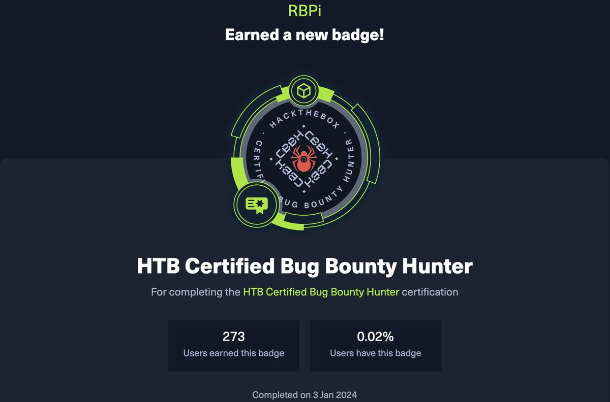 _RBPi's tweet image. I’m happy to share that I’ve obtained a new certification: Hack The Box Certified Bug Bounty Hunter (HTB CBBH) from @hackthebox_eu !
This is where I started my bug bounty journey, looking forward to the next upcoming advanced course CWEE!
#HackTheBox #Pentesting #WebPentesting