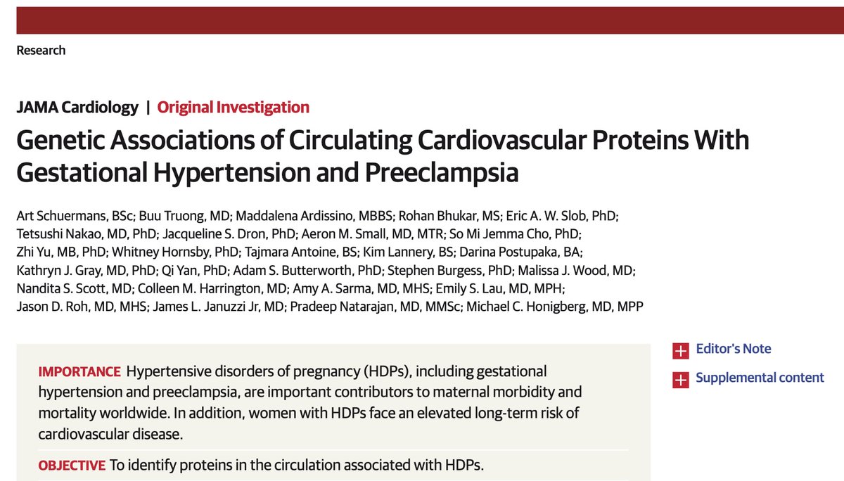 Excited to share our study led by @artschuermans out now in @JAMACardio Tools to prevent + treat hypertensive disorders of 🤰 remain limited Can Mendelian randomization (MR) reveal new causal biomarkers of preeclampsia & gestational HTN? jamanetwork.com/journals/jamac… 🧵👇 (1/X)