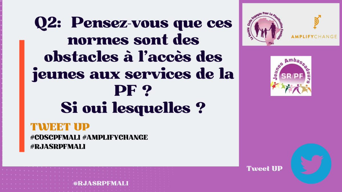 RJASRPFMALI's tweet photo. Q2: Pensez vous que ces normes sont des obstacles à l'accès des jeunes aux services de la PF?
Si oui lesquelles?

#OSCPFMALI
#RJASRPFMALI
#AMPLIFYCHANGE https://t.co/O8MIpKlMda