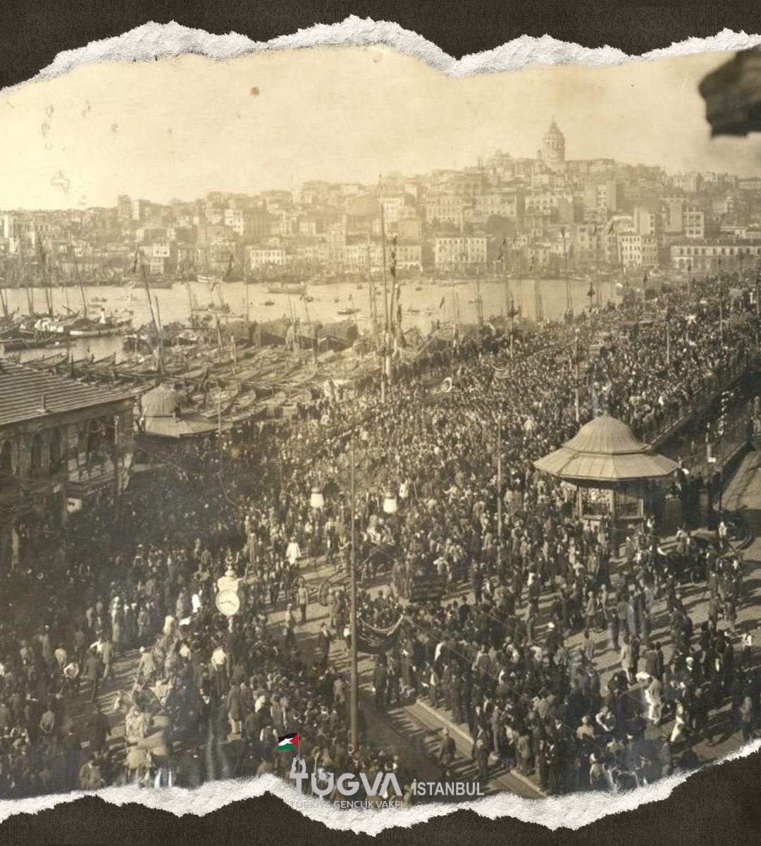 tugvaistanbul's tweet photo. 📌 Yüz yıl önce Osmanlı’nın başkenti İstanbul işgal edildiğinde Galata Köprüsü’nde eylem yapılmıştı. 

Aradan 100 yıl geçti ve 1 Ocak 2024’de aynı yerde, Galata Köprüsü’nde işgal altındaki Filistin için bir yürüyüş gerçekleştirdik. 

#ForFairFuture https://t.co/1PXl6HgATA