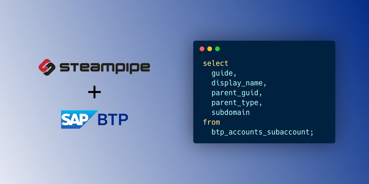 ajmrdg's tweet photo. The SAP BTP plugin for Steampipe is now available in the Steampipe Hub 🚀 https://t.co/dwafxRQ6bB.  I will soon share details on a live stream for the week of the 15th of  Jan, where I will show you how you can install and get started with the plugin. https://t.co/rC7xpx46yA