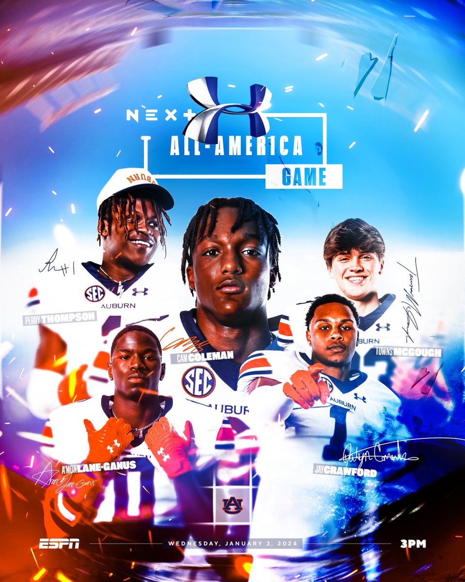 Auburn Football (@auburnfootball) on Twitter photo 5️⃣ signees ready for showtime today in the <a href="/UANextFootball/">All-America Game</a> All-America Game 🥶
📺 ESPN • 3PM CT
<a href="/CamColeman12/">Cameron Coleman</a>
<a href="/fhsperryt1/">perry “uno” thompson</a>
<a href="/jalyn_crawford/">jalyn crawford</a>
<a href="/AmonLane2/">A’mon Lane-Ganus</a>
<a href="/townsmcgough/">Towns McGough</a> 5️⃣ signees ready for showtime today in the <a href="/UANextFootball/">All-America Game</a> All-America Game 🥶
📺 ESPN • 3PM CT
<a href="/CamColeman12/">Cameron Coleman</a>
<a href="/fhsperryt1/">perry “uno” thompson</a>
<a href="/jalyn_crawford/">jalyn crawford</a>
<a href="/AmonLane2/">A’mon Lane-Ganus</a>
<a href="/townsmcgough/">Towns McGough</a>